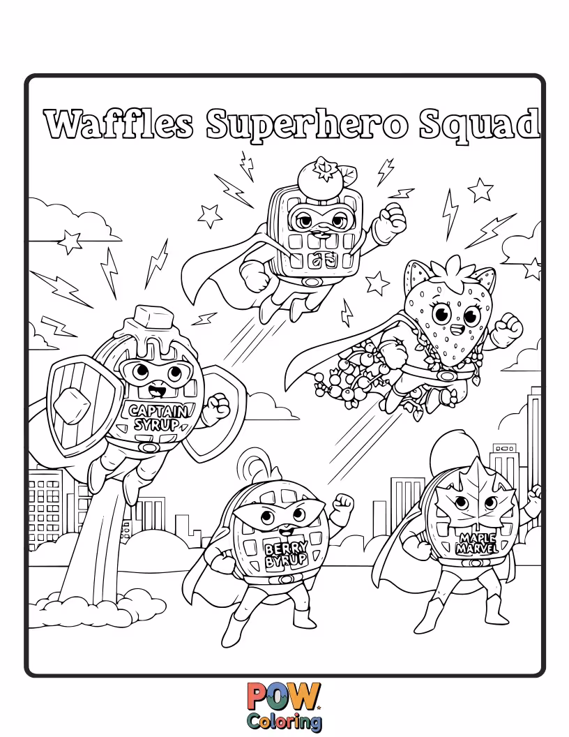 Free coloring page of Join the league of extraordinary waffles, each with their own unique topping superpower, ready to save breakfast!