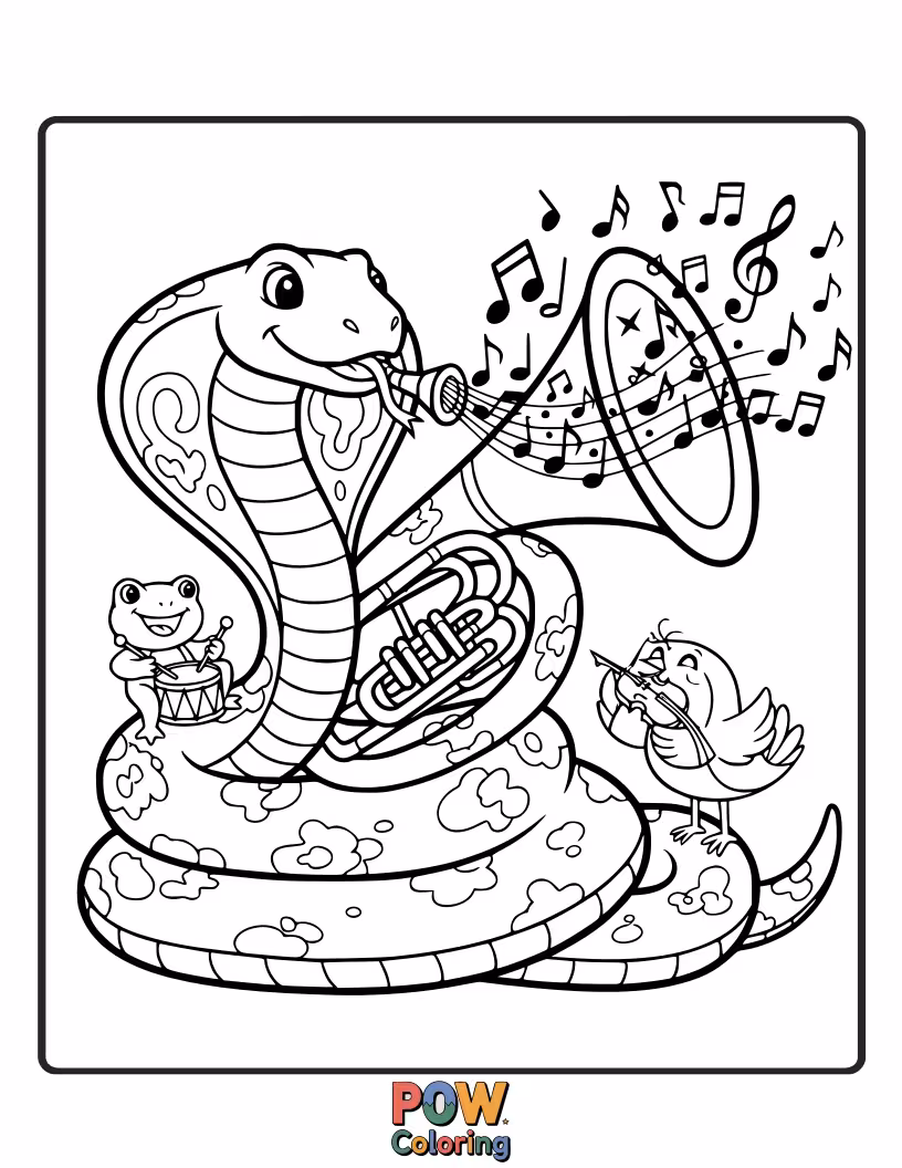 Free coloring page of A creative cobra snake playing a tiny flute with its tongue, creating enchanting melodies.
