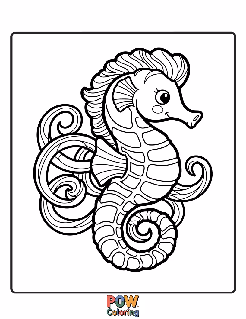 Free coloring page of A playful seahorse gracefully twirling amidst swirling ocean currents, decorated with charming seaweed.