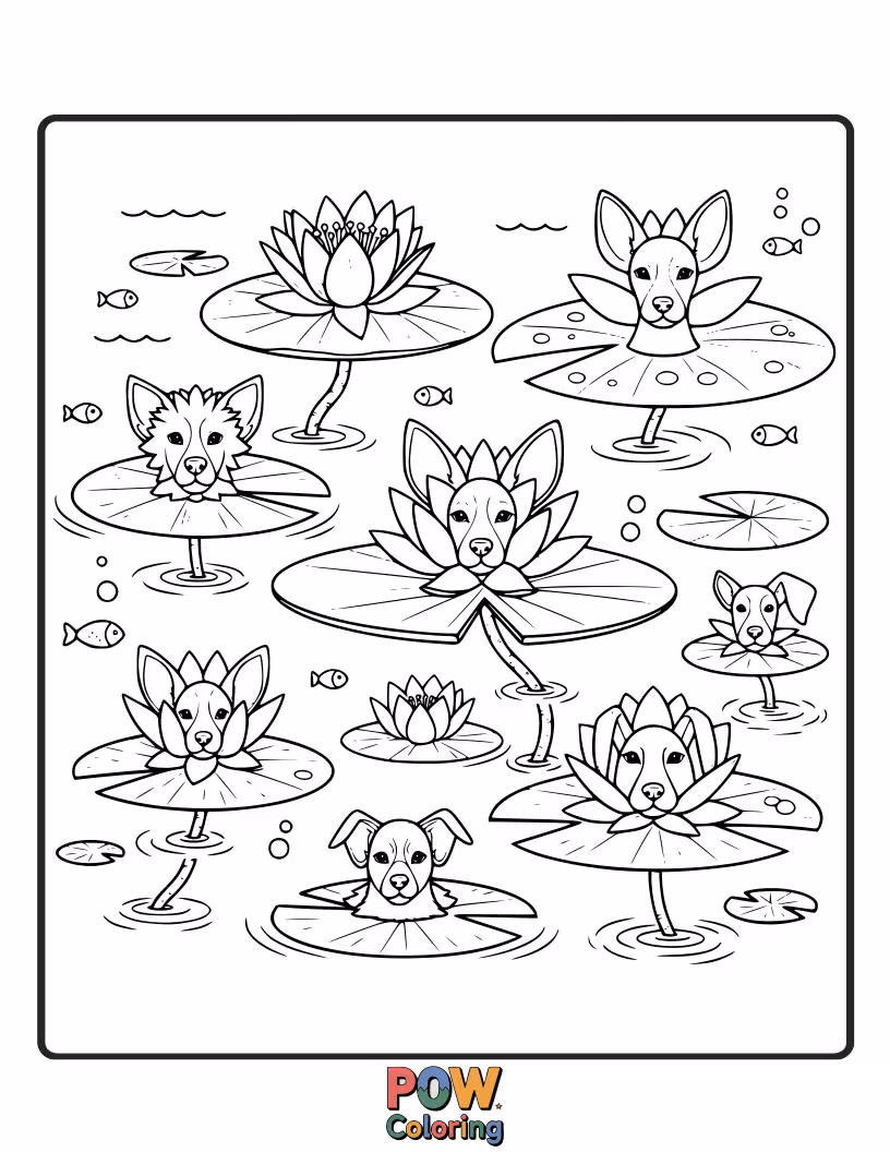 Free coloring page of Elegant dogs resting peacefully on large, beautiful water lilies, surrounded by serene pond scenery and delicate lily pads.