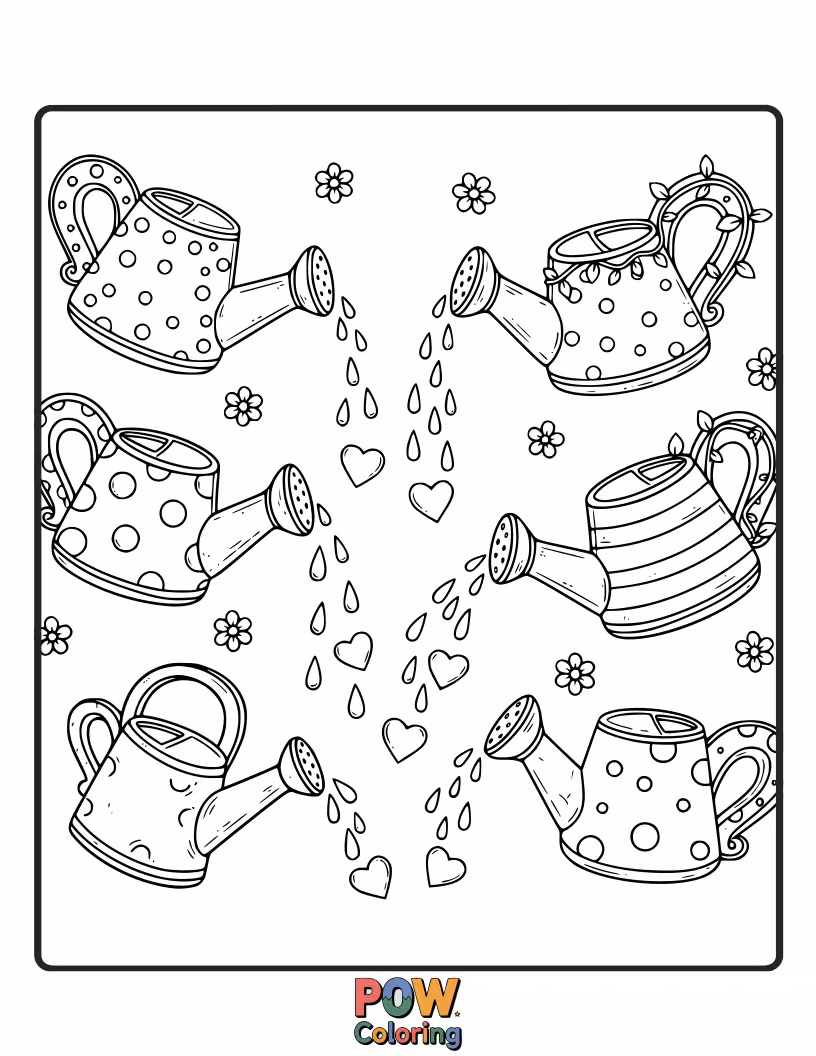 Free coloring page of Charming cookies shaped like ornate watering cans spilling colorful flowers and leaves. A delightful garden design.