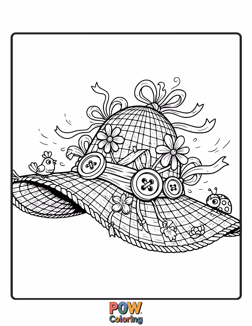 Free coloring page of A charming straw hat adorned with swirling patterns and tiny, playful butterflies. Perfect for a sunny afternoon adventure.
