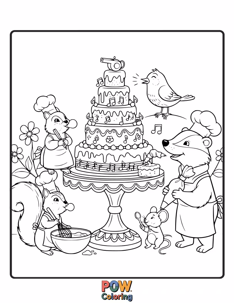Free coloring page of Cheerful dwarf-themed cakes, inspired by miners and their love for digging for sweet treasures.