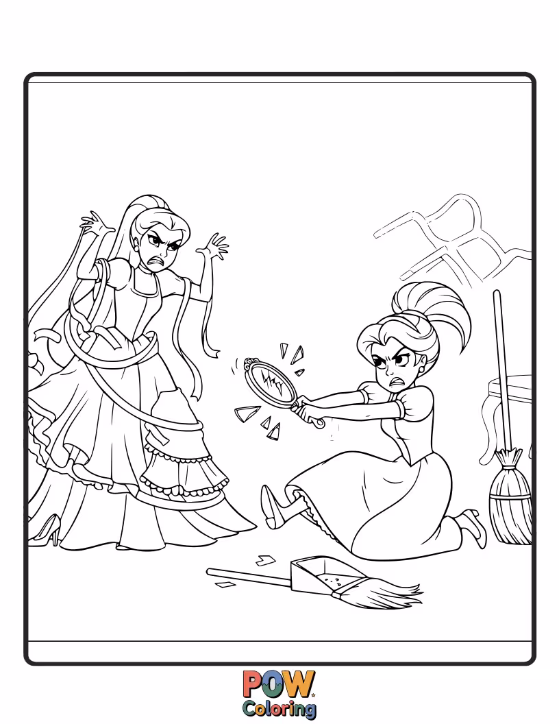 Free coloring page of The two stepsisters looking comically frustrated as Cinderella glides away, their faces contorted in jealousy.