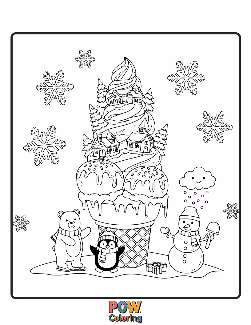Free coloring page of An ice cream cone dressed in a scarf and mittens, enjoying a snowy landscape of powdered sugar.