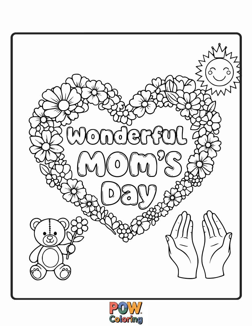 Free coloring page of A whimsical scene of a mom floating on a cloud, holding balloons with hearts. A dreamlike and joyful celebration.