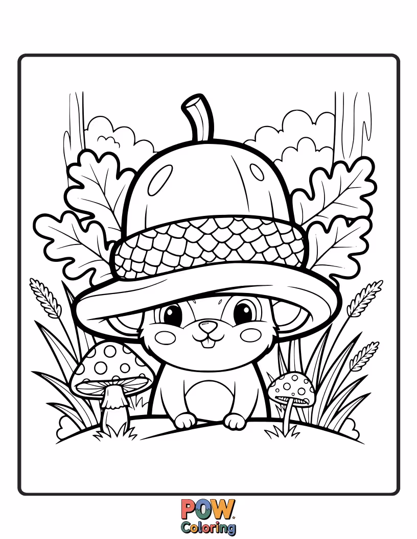 Free coloring page of A charming hat designed like a giant acorn, complete with a textured cap. Perfect for forest creatures.