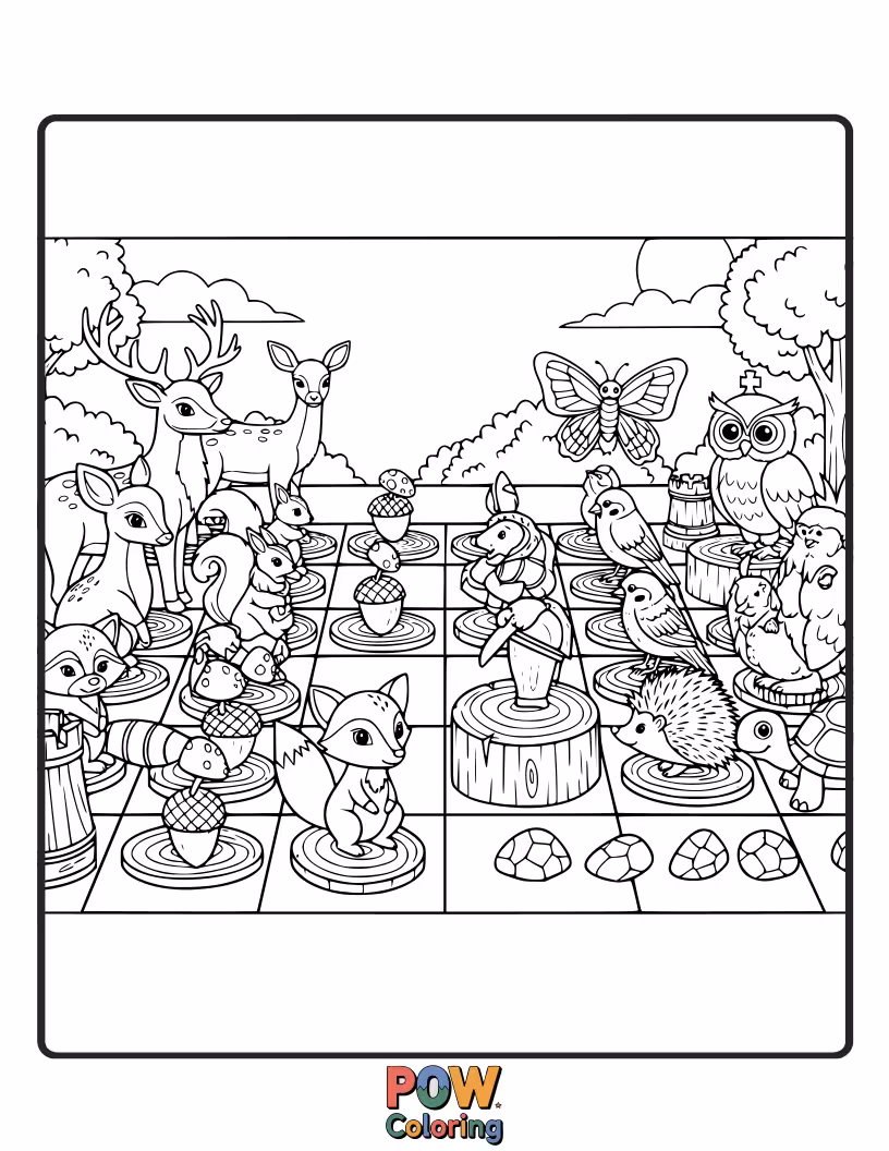 Free coloring page of A squirrel, rabbit, and fox engrossed in a chess game in a charming forest clearing, surrounded by acorns.