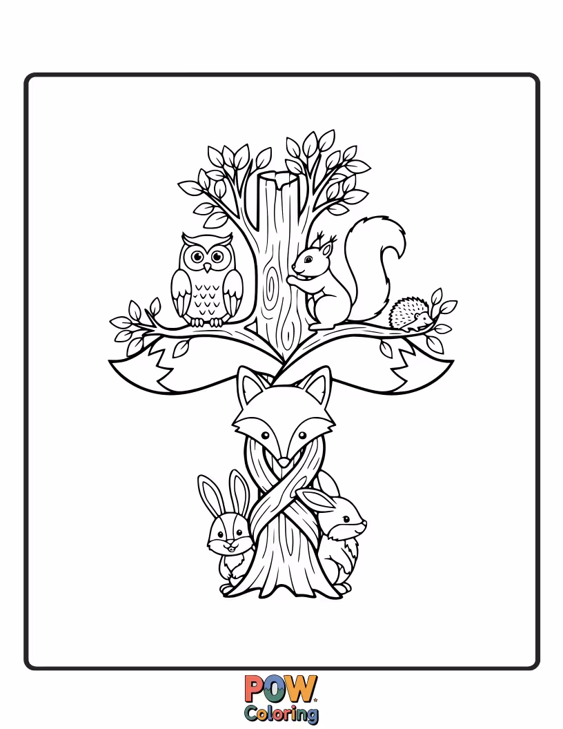 Free coloring page of A sweet cross featuring adorable forest animals peeking through its design, a whimsical natural scene.