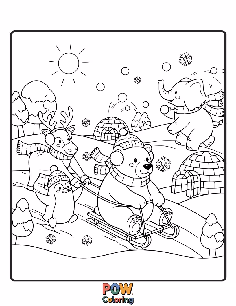 Free coloring page of A cheerful polar bear and a playful penguin sharing a snowy landscape, ready for frosty fun.