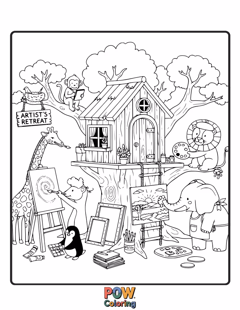 Free coloring page of A creative penguin painting a masterpiece and an inspired toucan watching in awe.