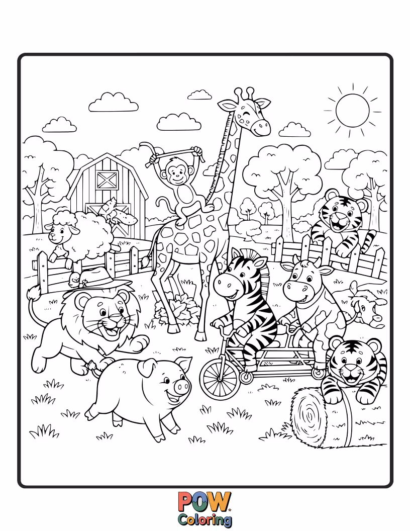 Free coloring page of A friendly pig and a curious chicken exploring a charming, rustic farm setting with glee.