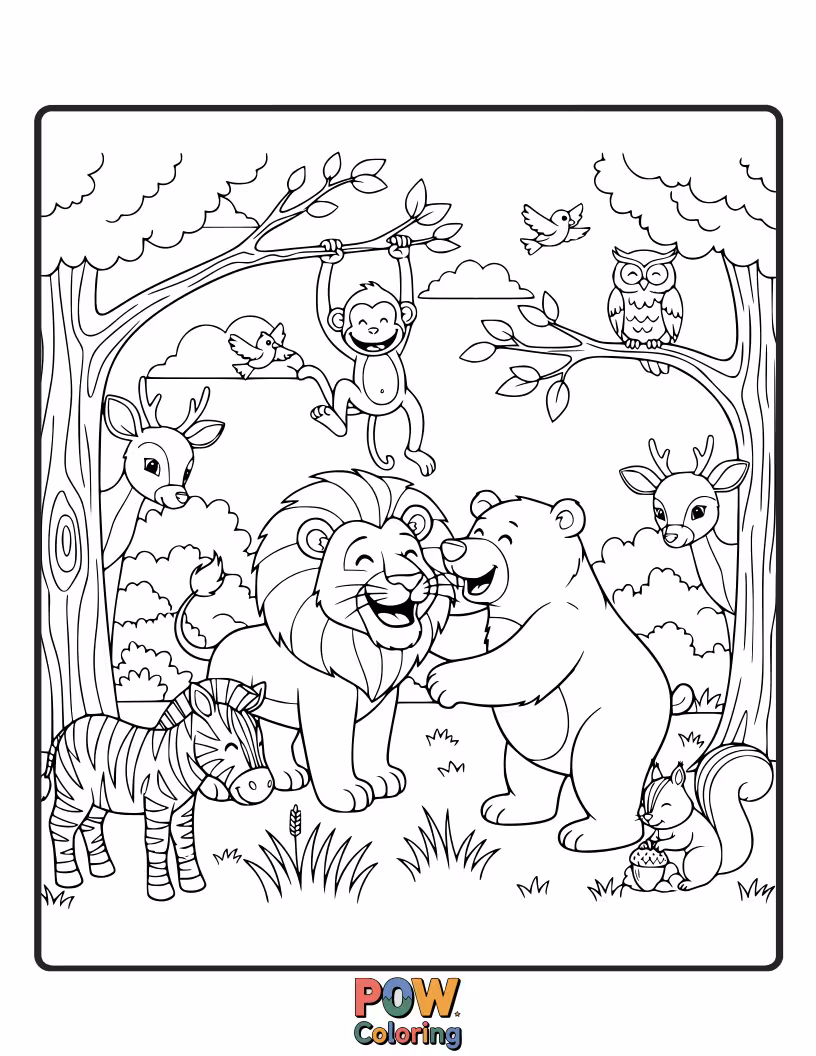 Free coloring page of A cuddly bear and a busy squirrel gathering nuts in a cozy, dappled forest.