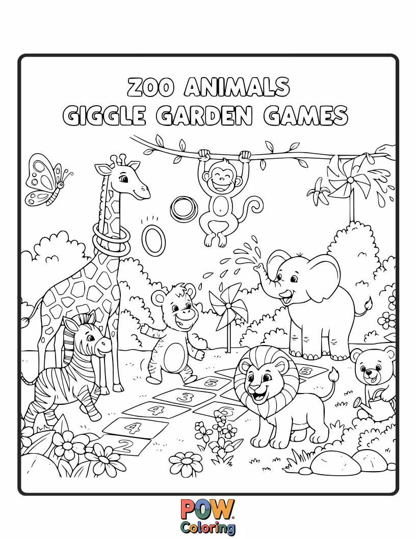 Free coloring page of Playful monkeys and silly sloths engaging in hilarious games amidst blooming, whimsical flowers.