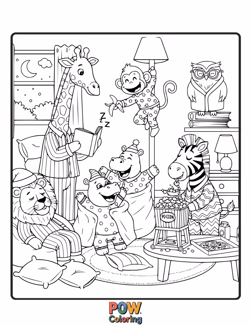 Free coloring page of Cozy pandas and sleepy sloths enjoying a fun sleepover with popcorn and bedtime stories.