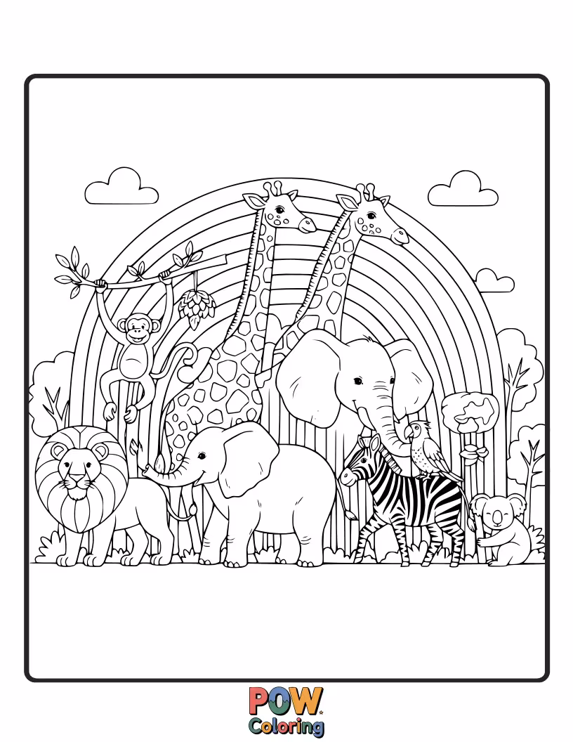 Free coloring page of A vibrant chameleon and a happy hedgehog playing amongst a beautiful, arching rainbow.