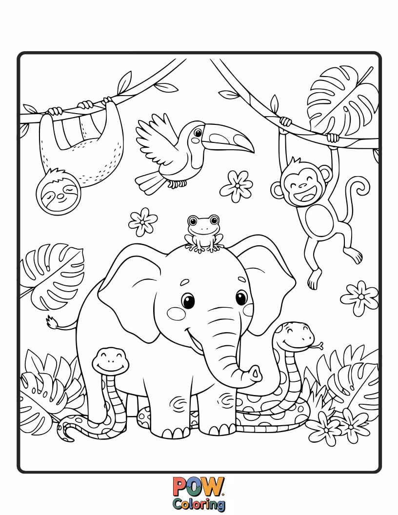 Free coloring page of A colorful parrot and a sly snake exploring the vibrant, exotic flora of the rainforest.