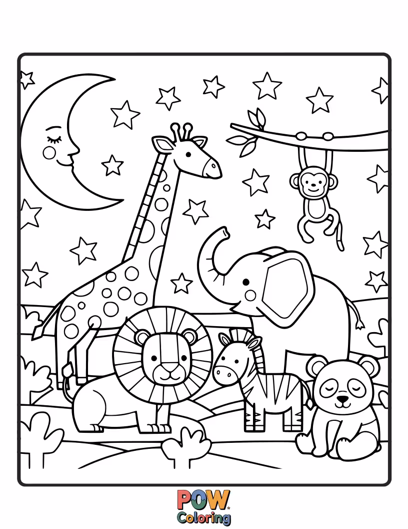Free coloring page of A watchful owl and a dreaming tiger gazing at the twinkling stars in the night sky.