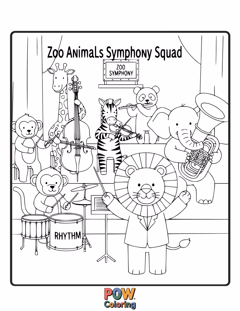 Free coloring page of Musical lions and hummingbirds playing instruments to create a joyous zoo orchestra.