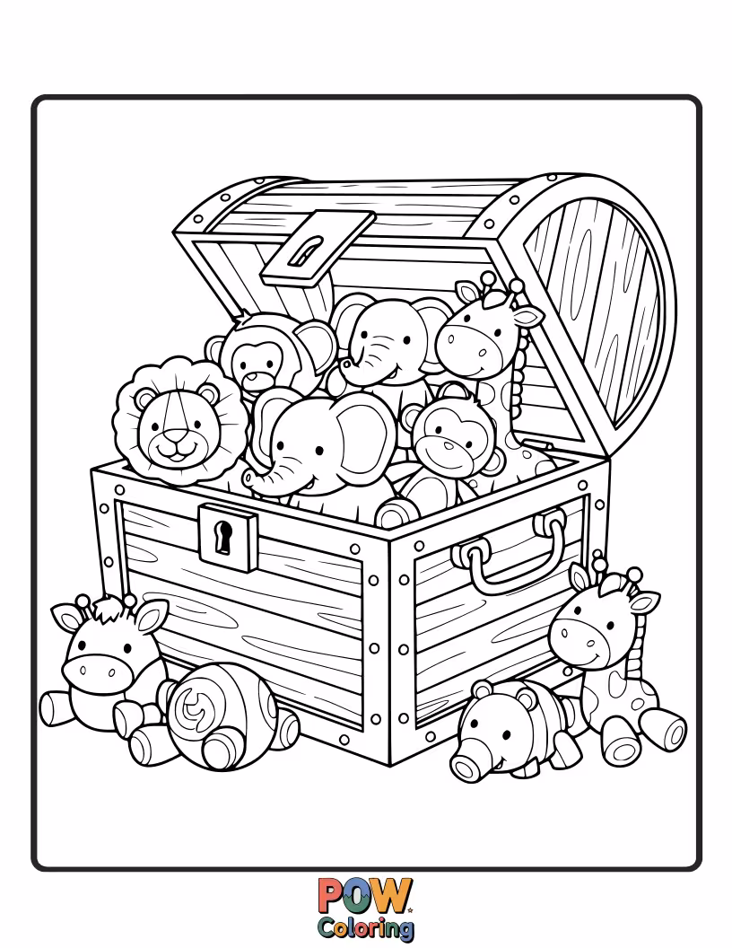 Free coloring page of A plush bear and a wind-up tiger playing amongst scattered, colorful toy blocks.
