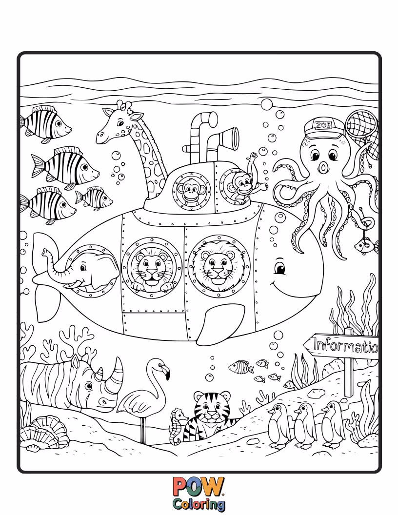 Free coloring page of A shy octopus and a cheerful clownfish exploring a coral reef filled with hidden treasures.