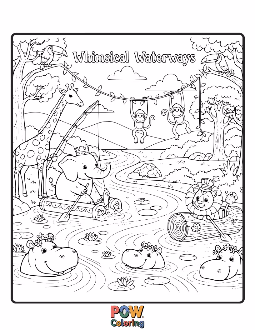 Free coloring page of A graceful swan and a friendly frog enjoying a serene boat ride on a lily-pad river.
