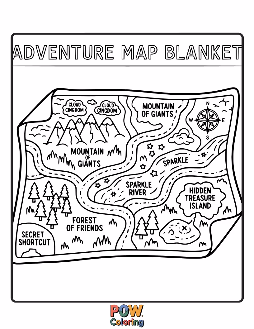 Free coloring page of A whimsical map with playful landmarks, all forming a treasure-filled blanket.