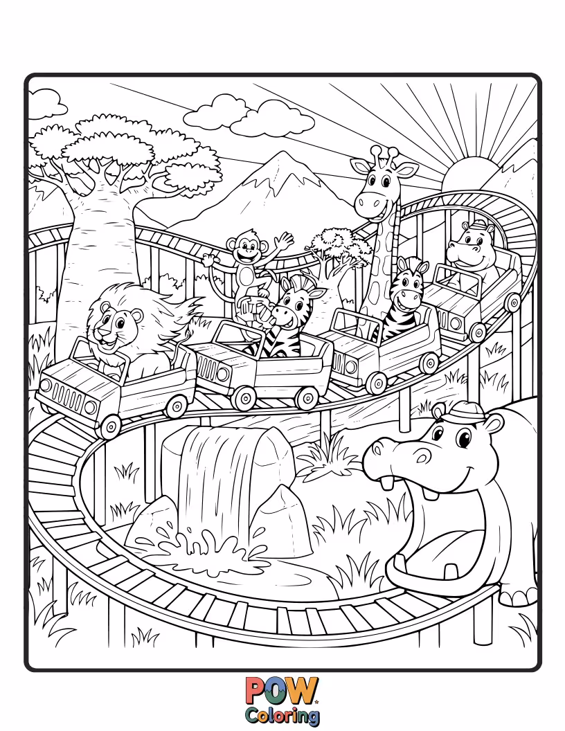 Free coloring page of Embark on a wild adventure with this animal-themed roller coaster, featuring lions, elephants, and giraffes.