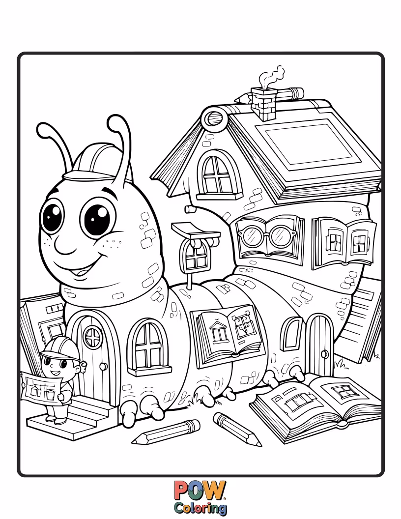 Free coloring page of An architect who is also a book lover, designing a cozy bungalow integrated into a giant stack of books.