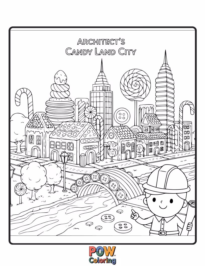 Free coloring page of A vibrant city constructed from lollipops, gingerbread houses, and gummy bear skyscrapers.