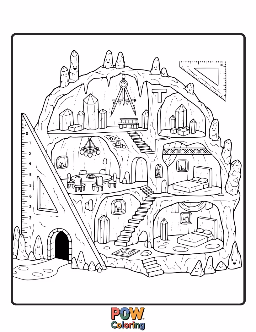 Free coloring page of A breathtaking home carved into a sparkling crystal cave, with glowing formations and shimmering light.
