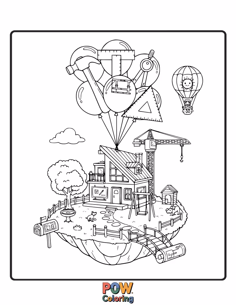 Free coloring page of A beautiful island in the sky, complete with waterfalls and bridges, designed by an architect with a bird.