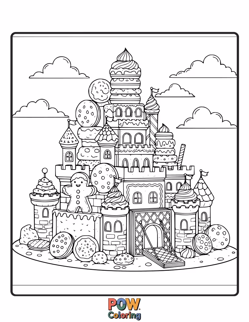 Free coloring page of A delighted architect, small in stature, happily sketching a magnificent castle made of giant cookies.