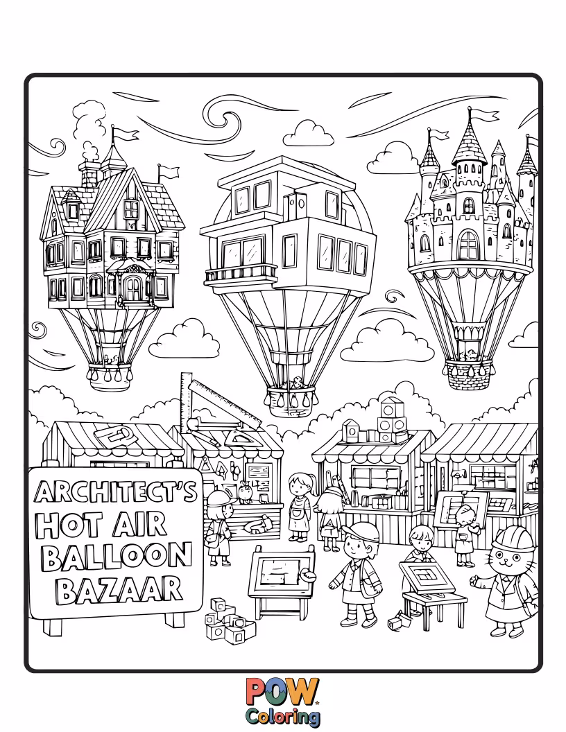 Free coloring page of A lively market with colorful hot air balloons serving as stalls, selling unique goods from the sky.