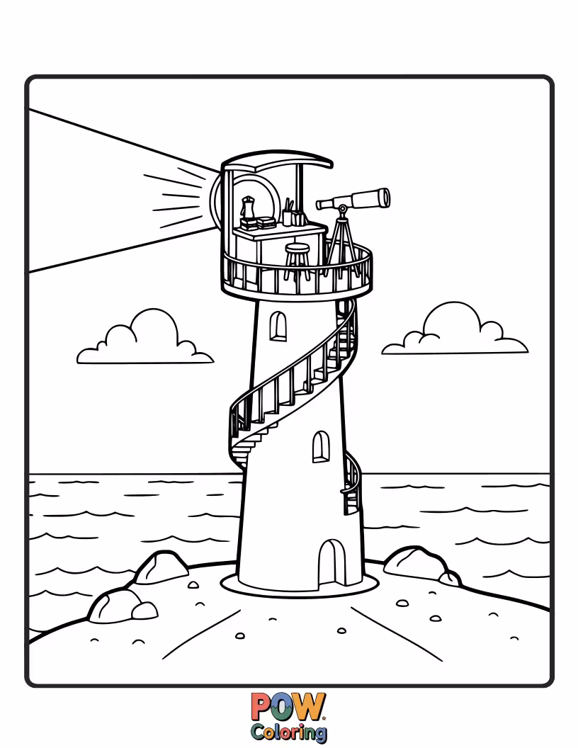 Free coloring page of A sturdy, picturesque lighthouse perched on a rocky cliff, with guiding light beams.
