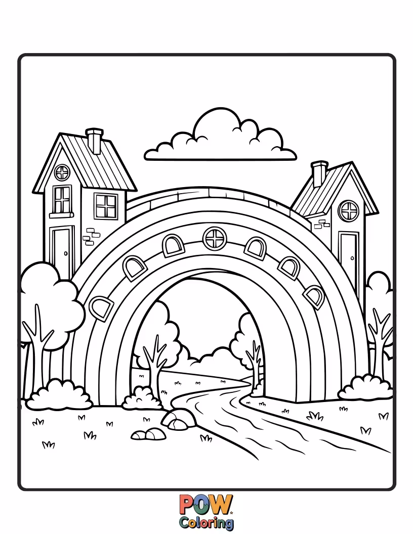 Free coloring page of A stunning villa connected by a vibrant rainbow bridge, surrounded by colorful flowers and a serene lake.