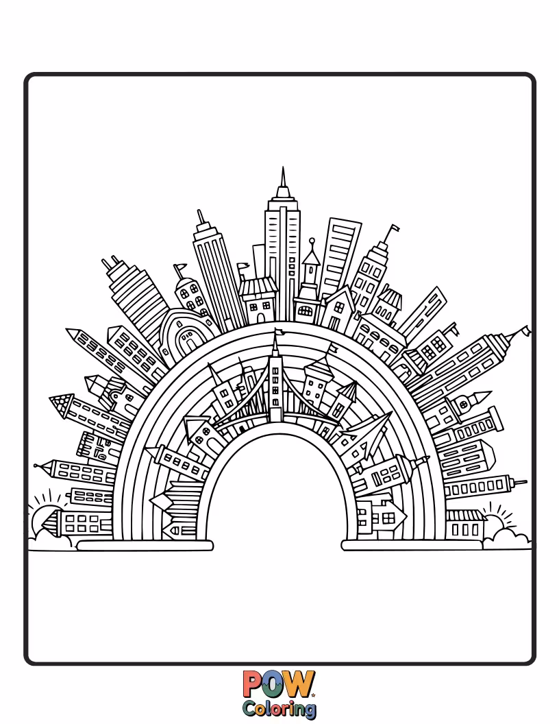 Free coloring page of A vibrant city skyline where buildings are painted in every color of the rainbow.