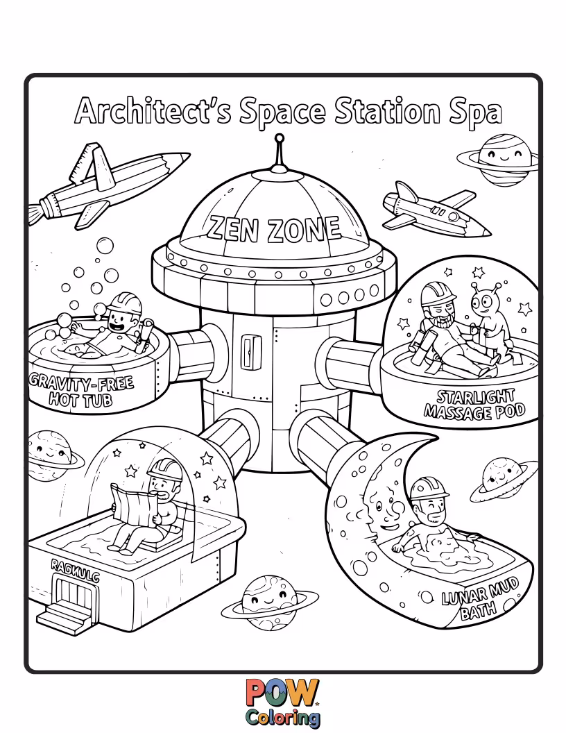 Free coloring page of A luxurious spa orbiting Earth, with celestial views and zero-gravity relaxation pods.
