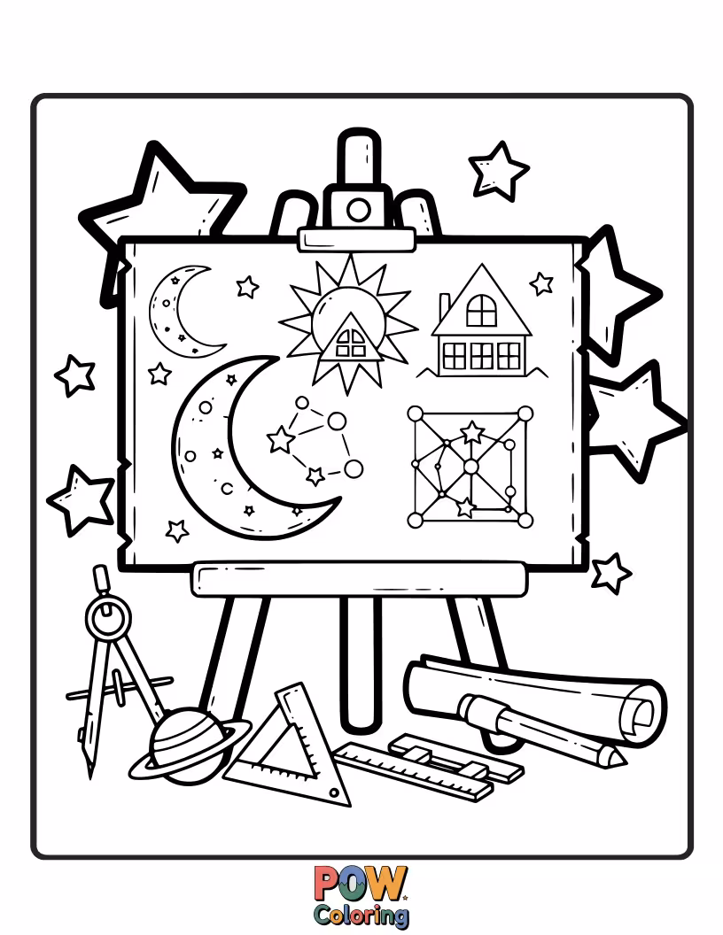 Free coloring page of An architect using a telescope to draft constellations into a magnificent cityscape on a starry night.