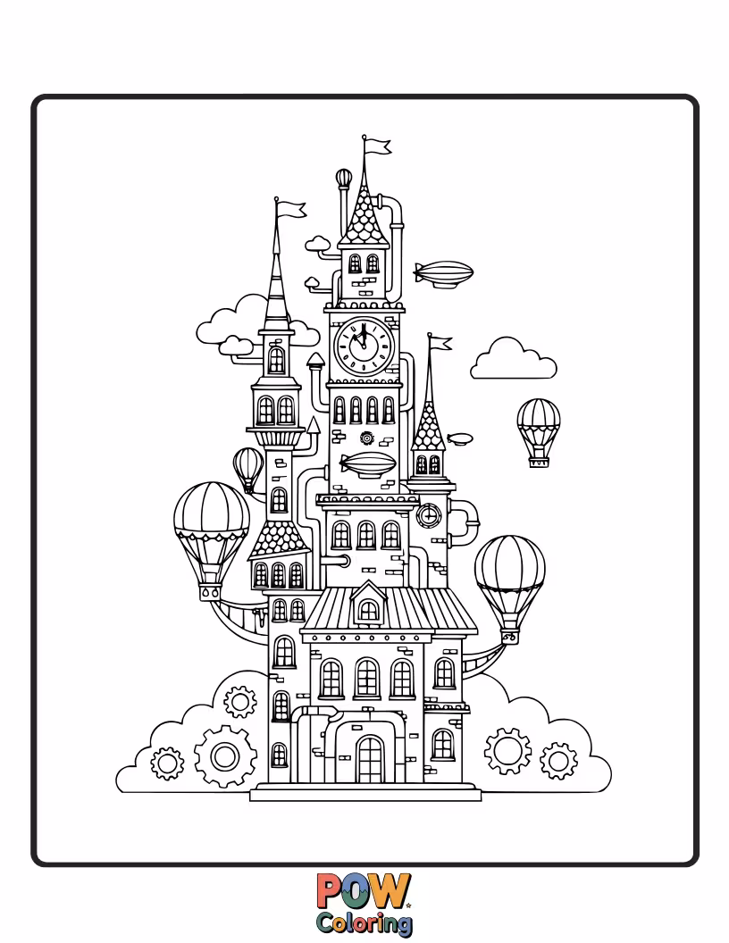 Free coloring page of An intricate skyscraper with gears, pipes, and Victorian-inspired details.