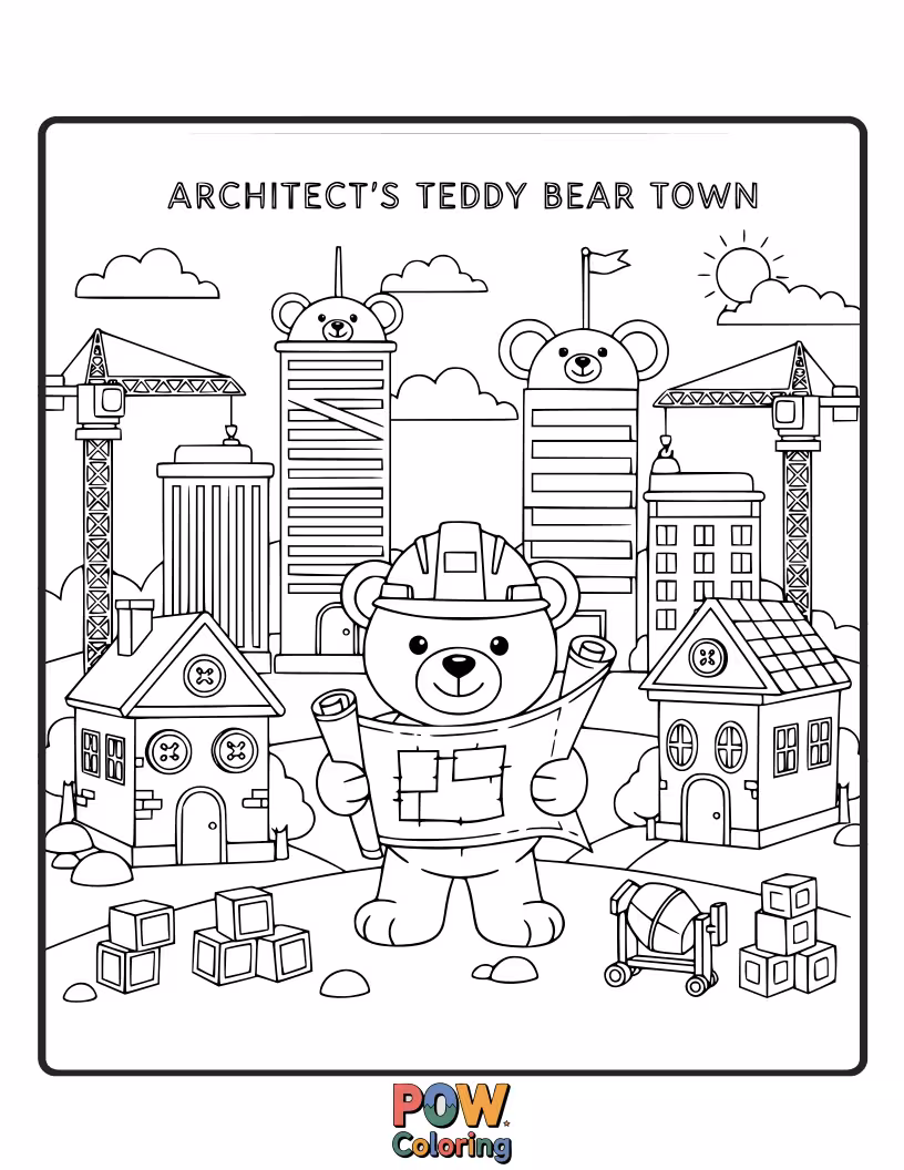 Free coloring page of A charming town built for teddy bears, with small houses, shops, and a park.