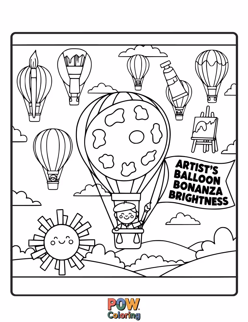 Free coloring page of An artist is surrounded by a cascade of colorful balloons, painting them with swirls and patterns. A festive and uplifting art creation.