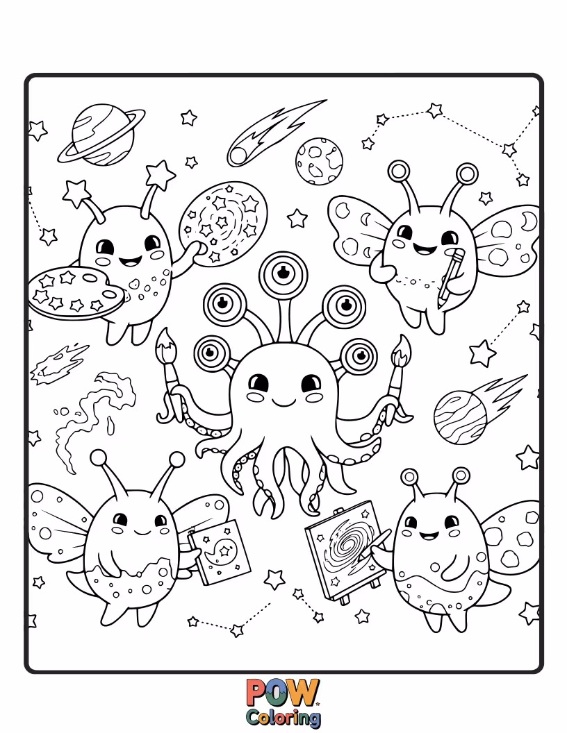 Free coloring page of A quirky artist creates a gang of unique, alien creatures with big eyes and vibrant colors. An interstellar art jam.