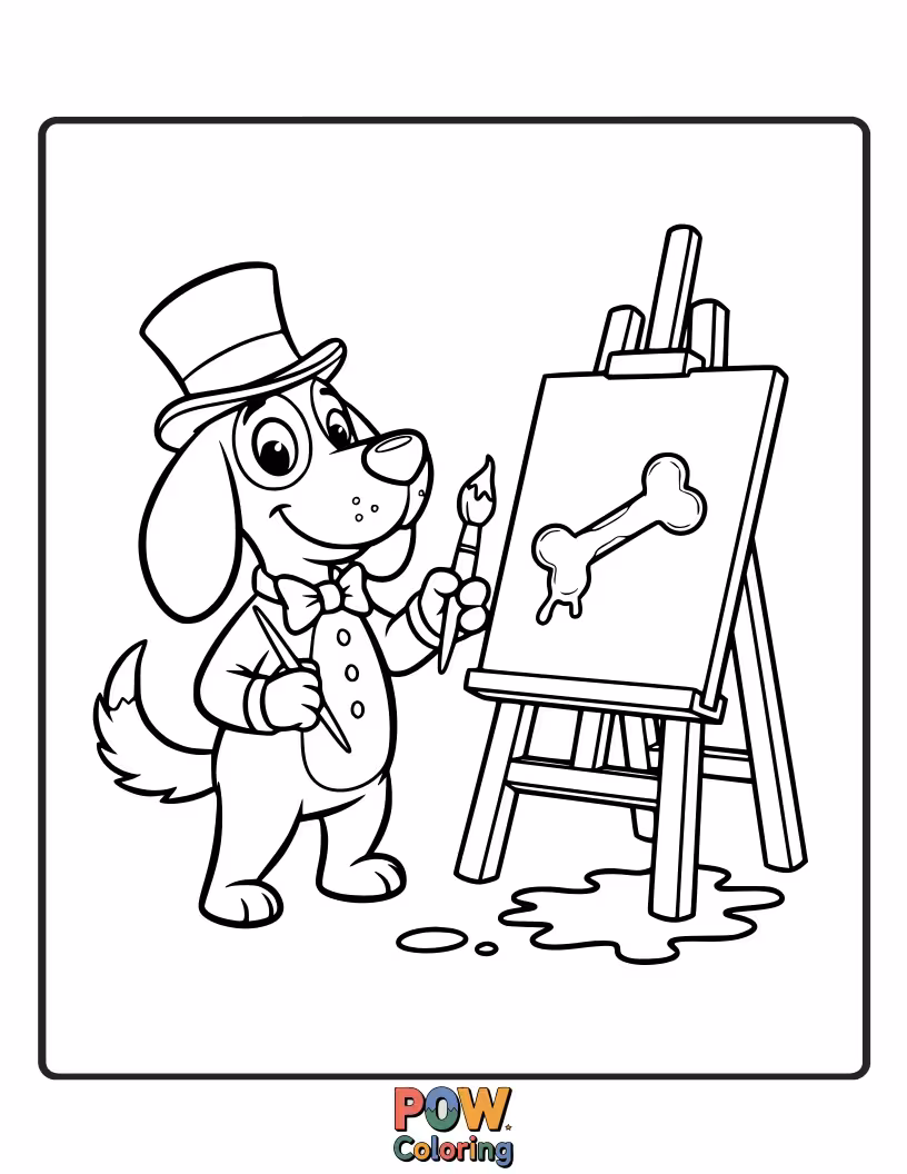 Free coloring page of A sophisticated dog artist, in a bowtie, carefully paints elegant portraits of other well-dressed canine friends. Stylish and charming artwork.