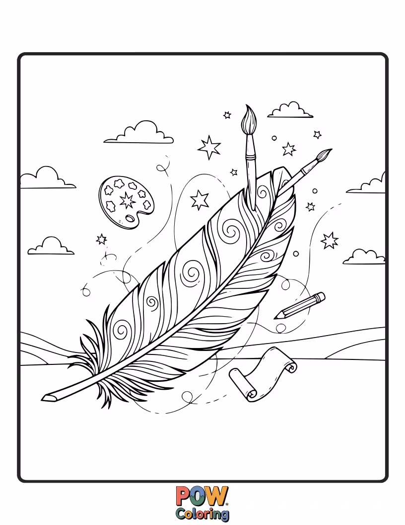 Free coloring page of A graceful artist paints a sky filled with an abundance of beautifully detailed, colorful feathers drifting gently. Light and airy art.