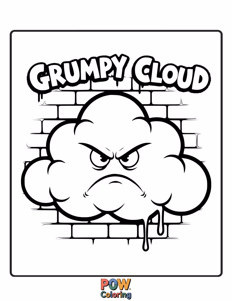 Free coloring page of An artist humorously paints grumpy faces and silly patterns onto storm clouds, turning them into comical characters. Playful sky art.