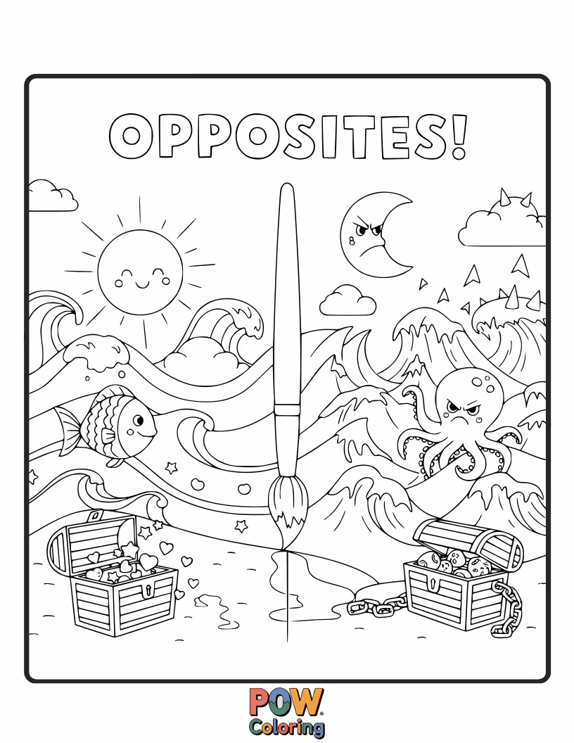 Free coloring page of An artist paints a whimsical ocean scene where fish swim with umbrellas and dolphins wear hats. Contrasting and funny aquatic art.