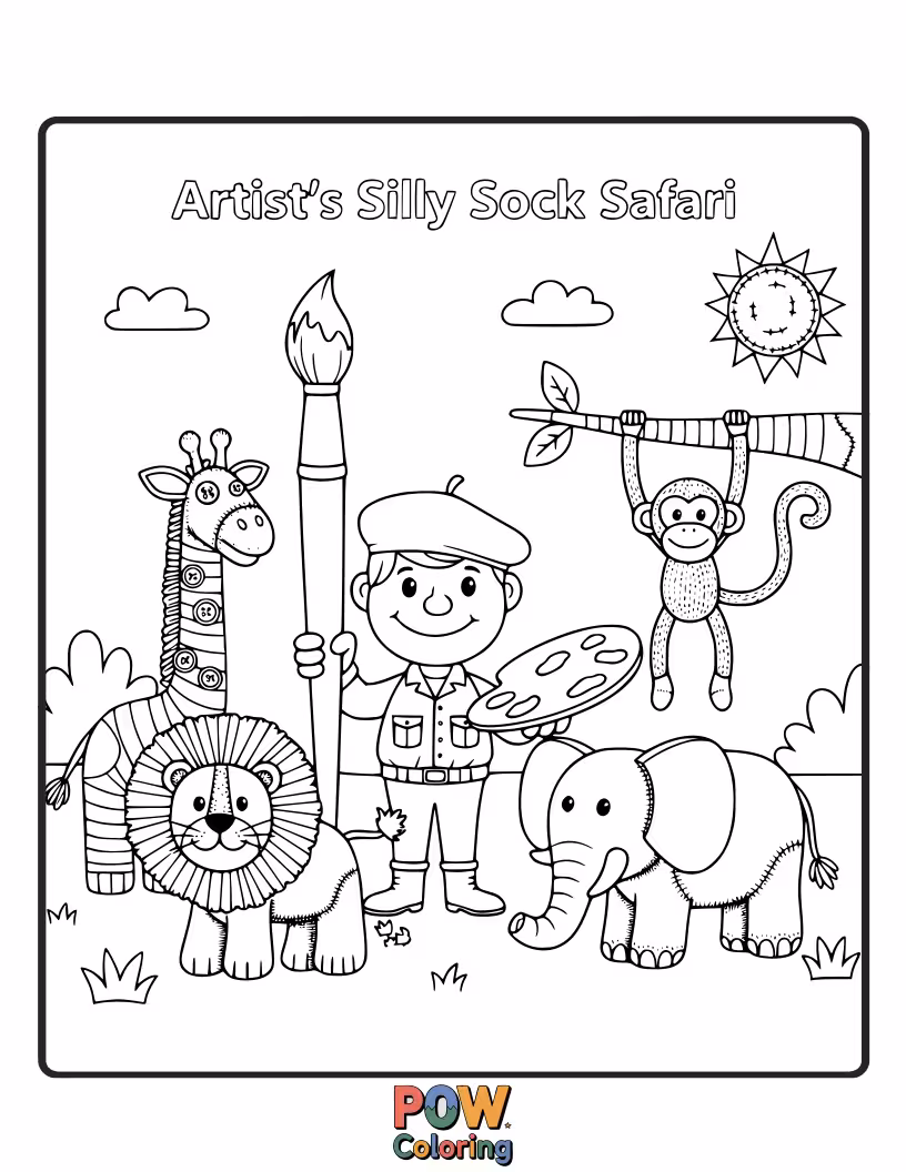 Free coloring page of An artist draws a safari adventure where all the animals are made of mismatched, colorful socks. Hilarious and fun creature creations.