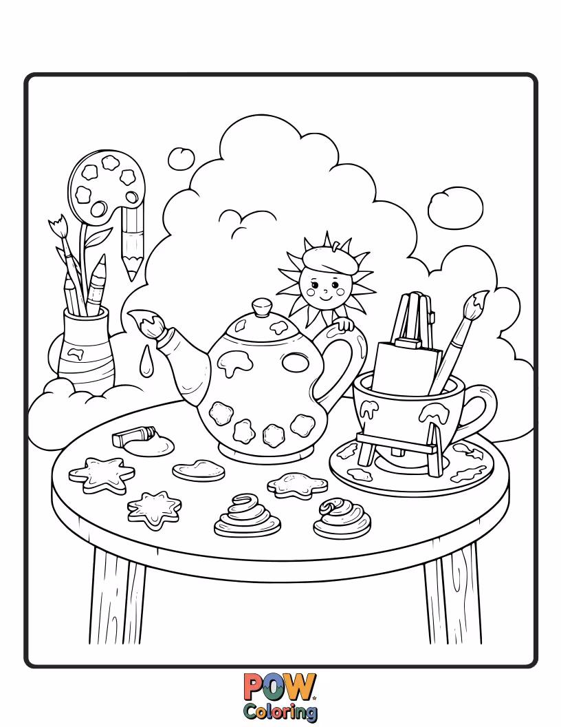 Free coloring page of An artist meticulously paints a charming tea party scene with teacups, saucers, and delicate pastries arranged artfully. Elegant and delightful art.