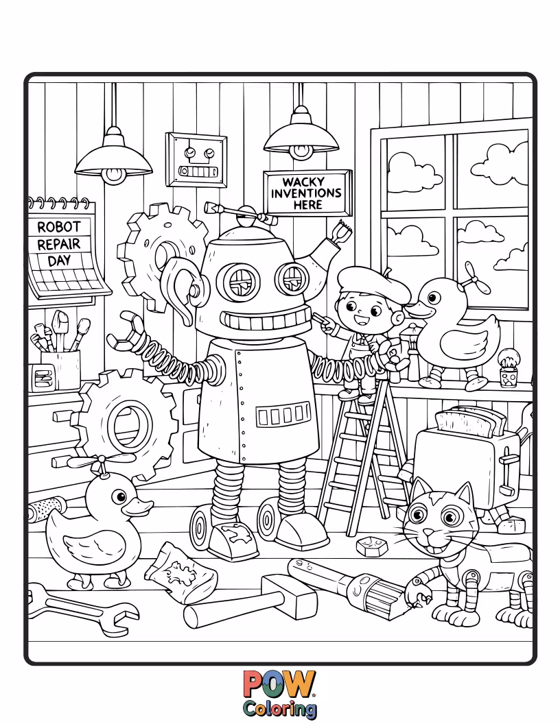 Free coloring page of A creative artist builds and paints quirky, smiling robots with mismatched parts and unique personalities. A fun, mechanical art project.